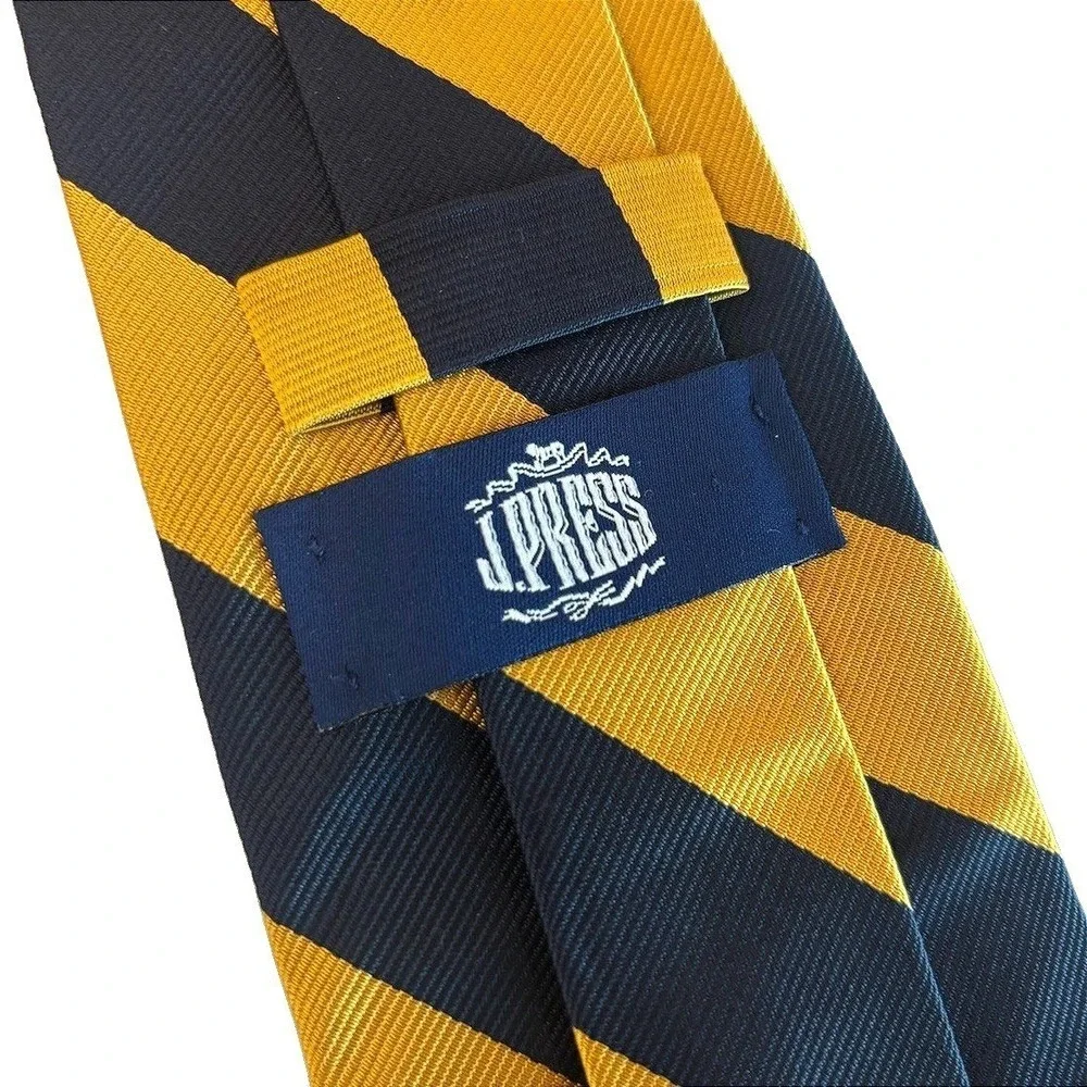 J. Press 100% Silk Navy Yellow Gold Guard Stripe Silk Repp Tie Hand Made in USA